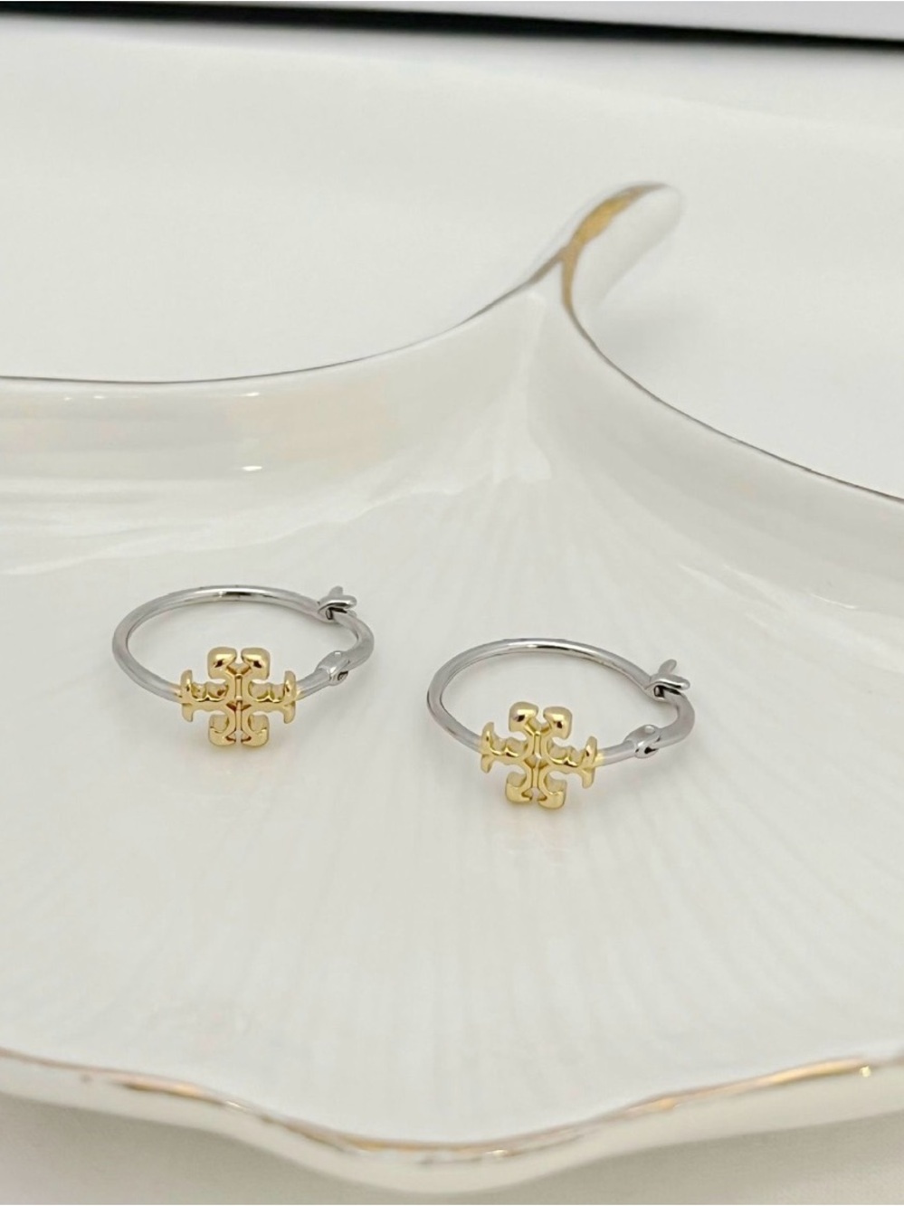 Tory Burch Two-Tone Silver Mini Hoop Earrings with Gold Logo